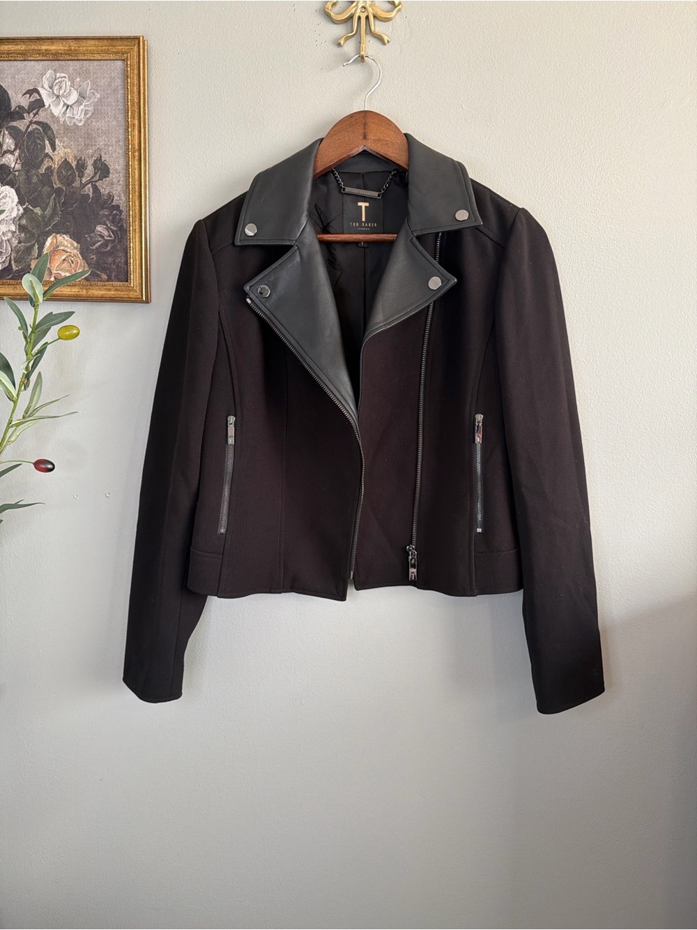 Ted Baker London Black Moto Jacket Faux Leather Trim Biker Size 1 Small - Picture 2 of 8